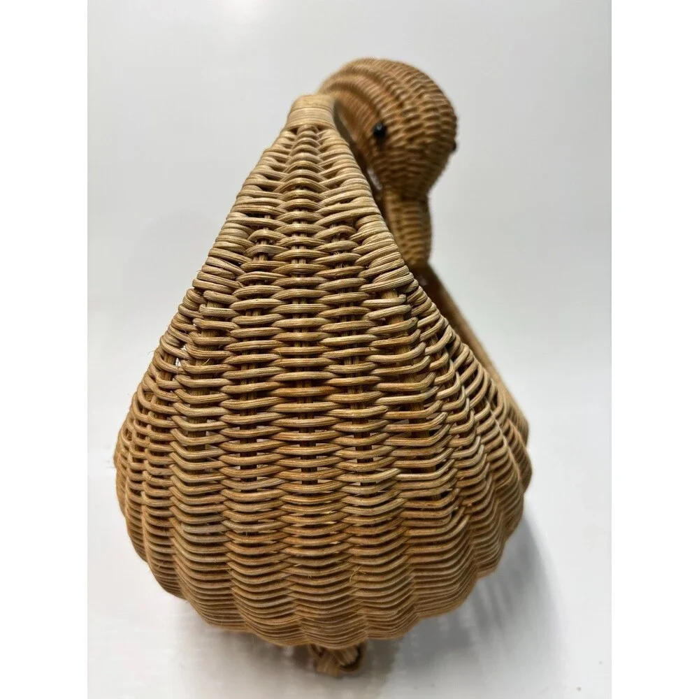 Vintage Wicker Rattan Swan Goose Basket Handwoven Bird Cottage Boho Decor